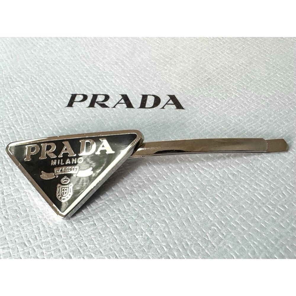 Prada Triangle Silver Black Metal Brooch / 3-Inch Hair Clip – Authentic